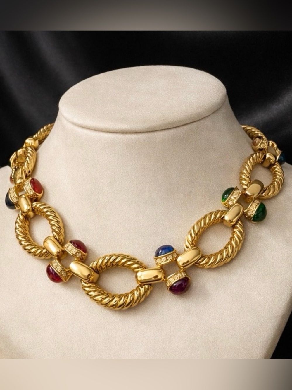 VTG 80s Chunky Gold Cabochon Link Collar Necklace Bold Runway Statement